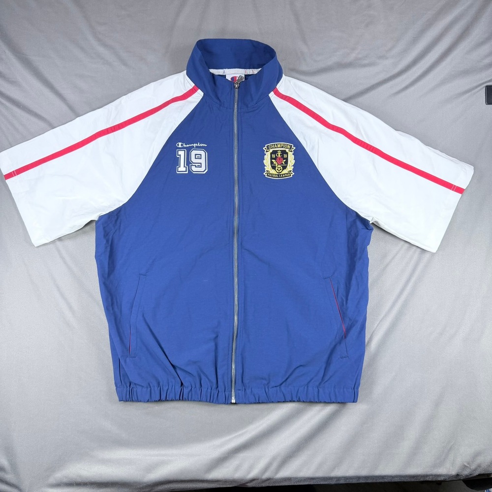 Champion Mens M Blue White Cotton Nylon Short Sleeve Full Zip Track Jacket Socer